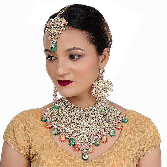 Tehzeeb Creations Traditional Gold-Polished Designer Blue Color Dulhan Choker Kundan Bridal Set | Swadesiicart