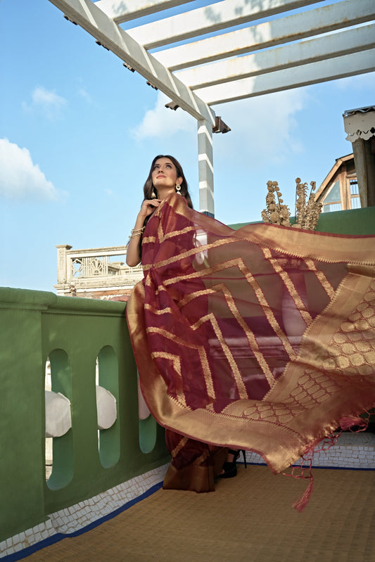Vardha Ruby Red Golden Zari Banarasi Organza Saree | Swadesiicart