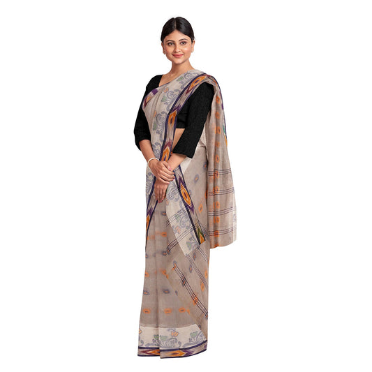 Exclusive Collection 100% Pure Cotton Beige Tant Saree With Hand Weaving Work - Swadesiicart
