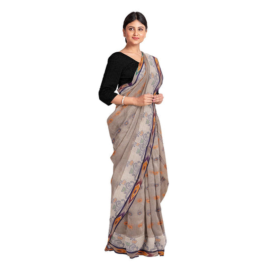Exclusive Collection 100% Pure Cotton Beige Tant Saree With Hand Weaving Work - Swadesiicart