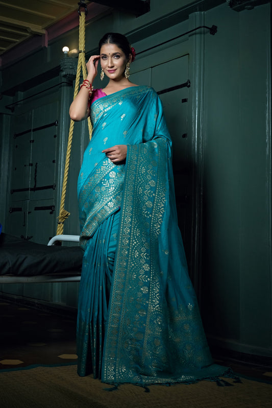 Vardha Sapphire Blue Golden Zari Banarasi Silk Saree | Swadesiicart