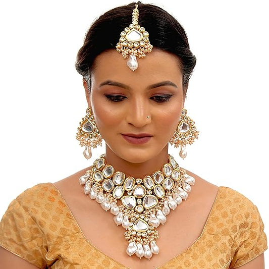 Tehzeeb Creations Meenakari Gold-Polished White color pentagon shape Uncut Kundan Combo Necklace Set - Swadesiicart