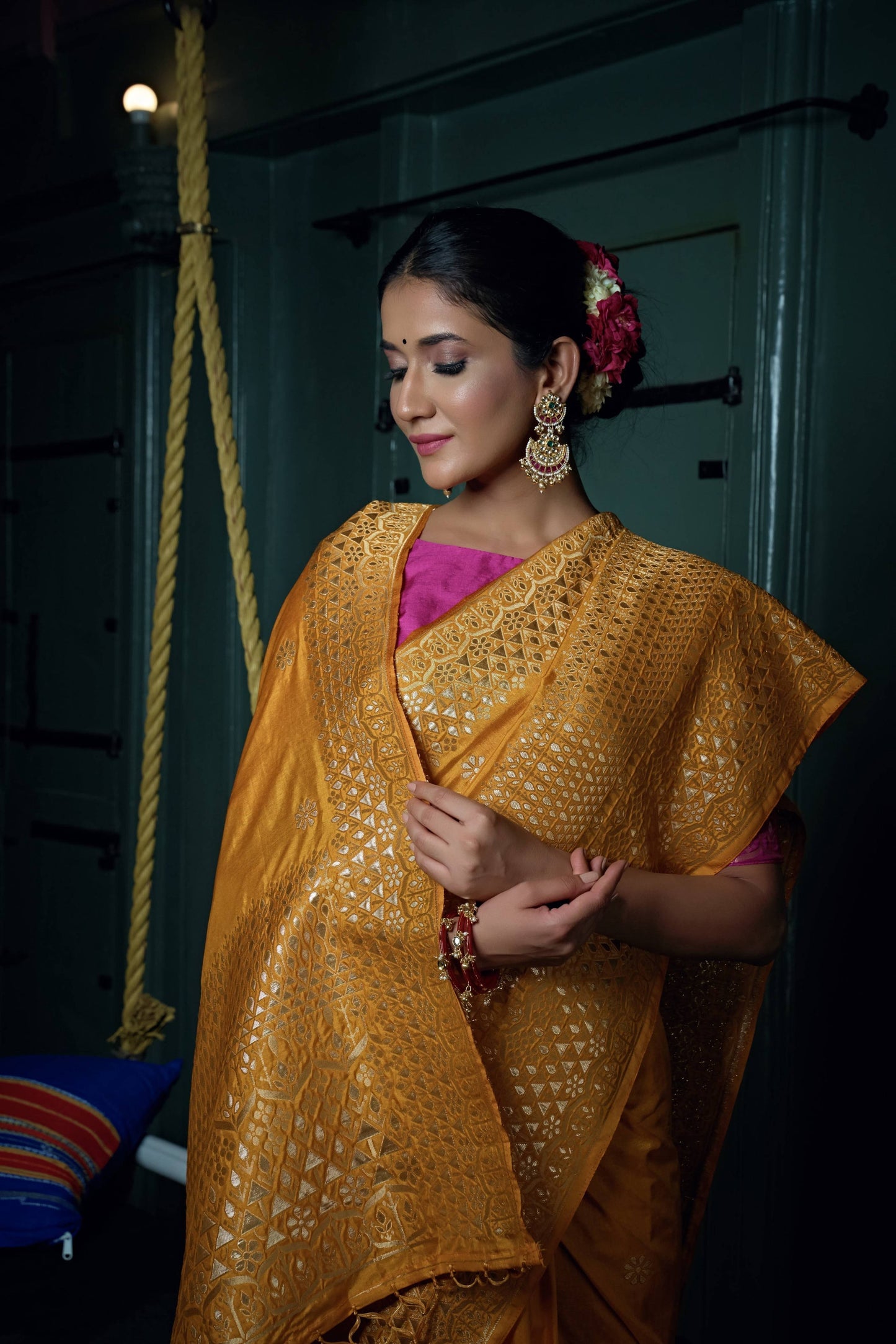 Vardha Mustard Yellow Golden Zari Banarasi Silk Saree | Swadesiicart