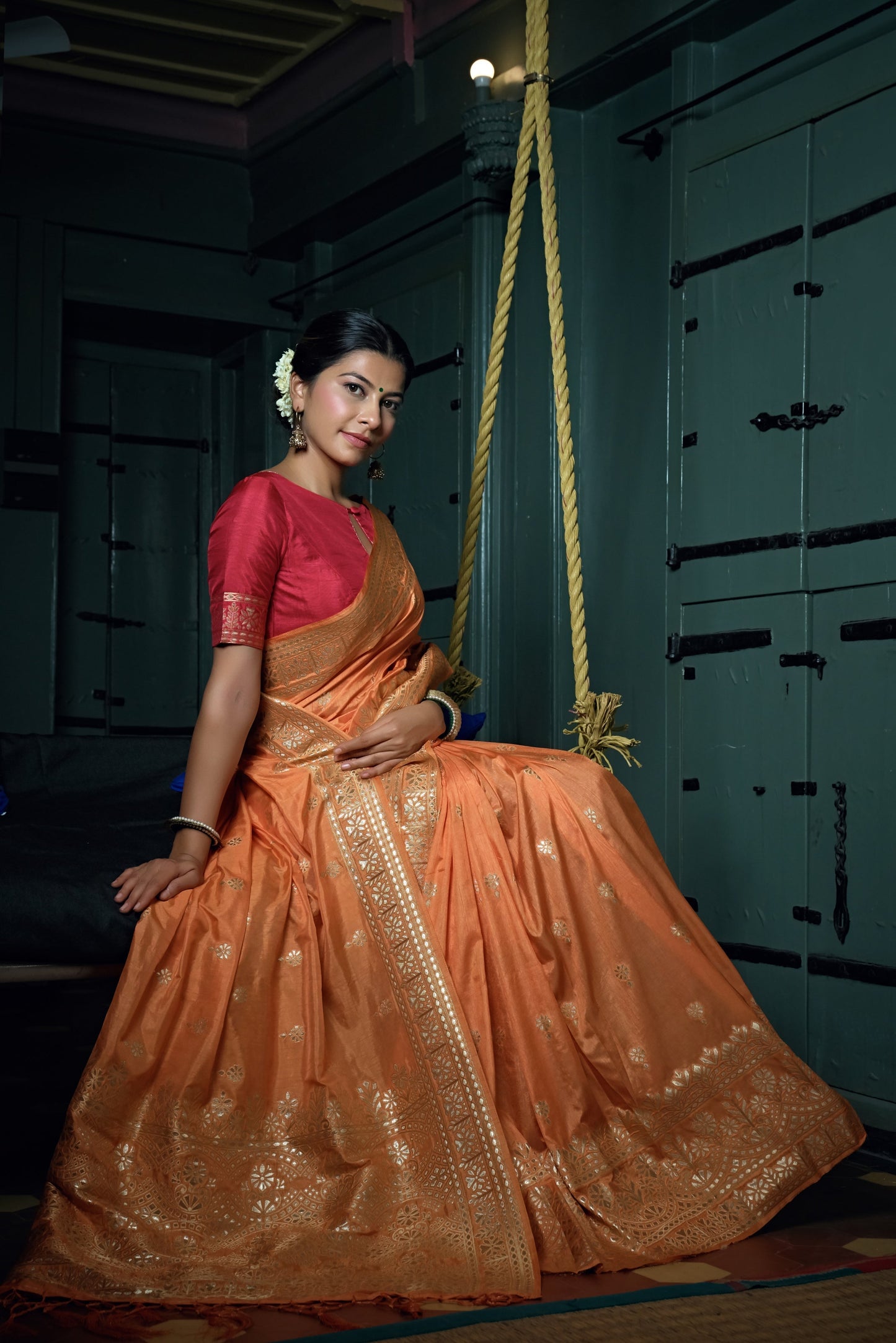 Vardha Coral Orange Golden Zari Banarasi Silk Saree | Swadesiicart