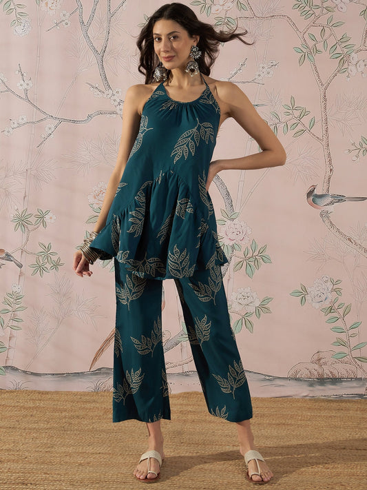InWeave Dark Teal Leaf Halter Strappy Set - Swadesiicart