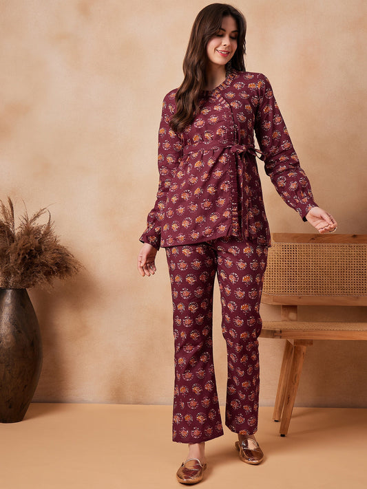 InWeave Burgundy Floral Boota Co Ord Set With Belt - Swadesiicart