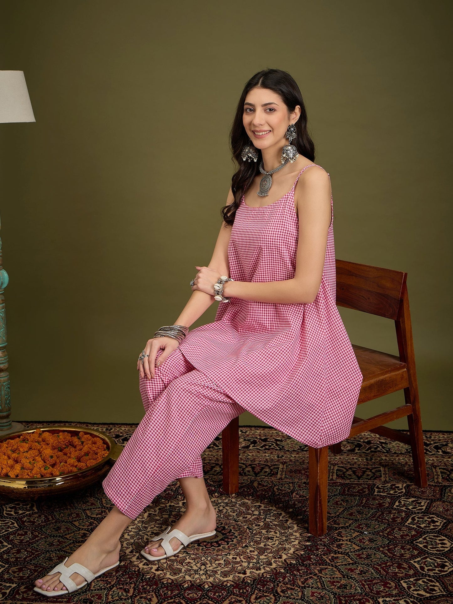 InWeave Pink Small Check Strappy Co Ord Set - Swadesiicart