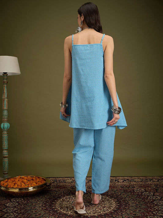 InWeave Cyan Blue Small Check Strappy Co Ord Set - Swadesiicart