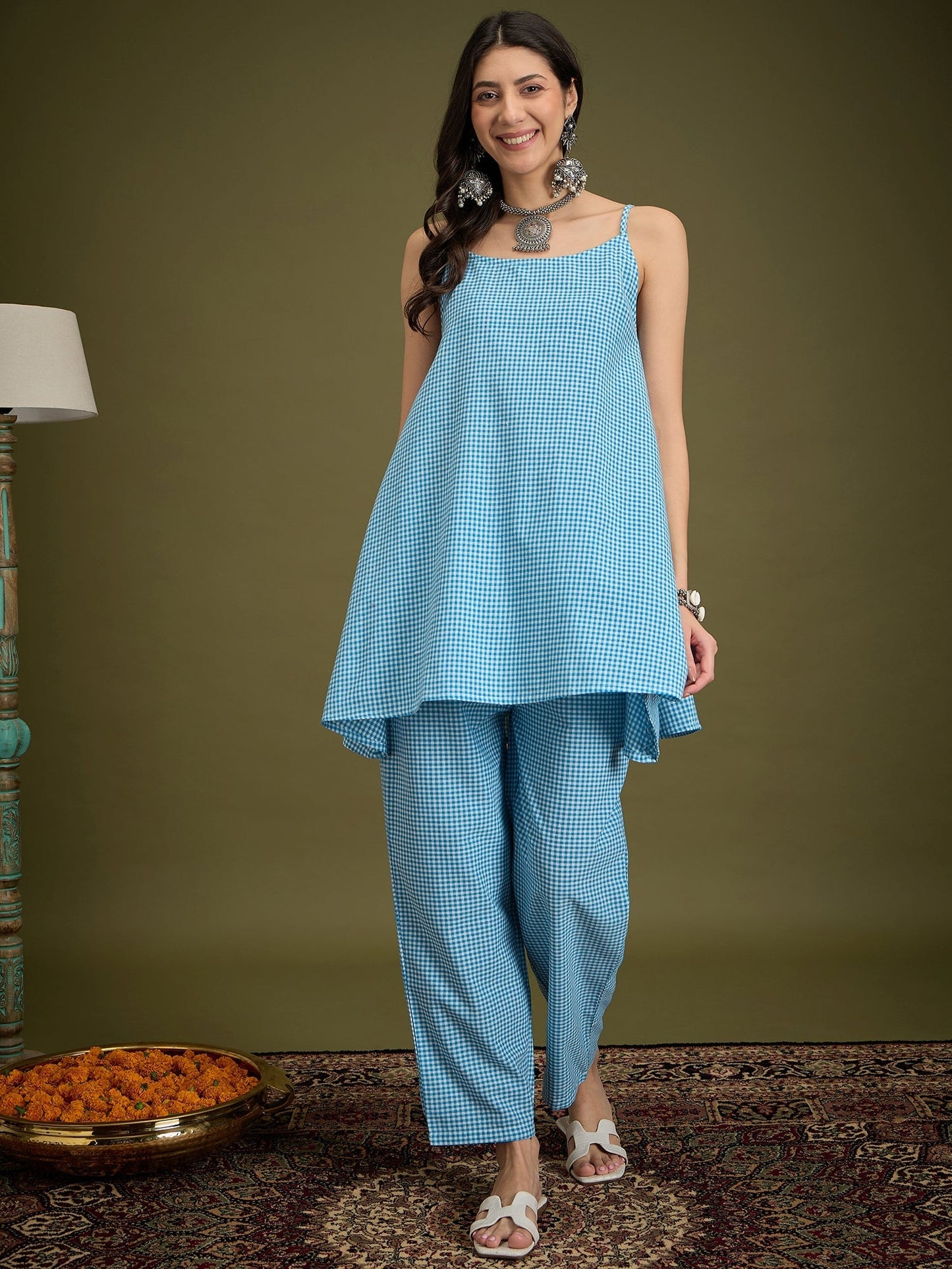 InWeave Cyan Blue Small Check Strappy Co Ord Set - Swadesiicart