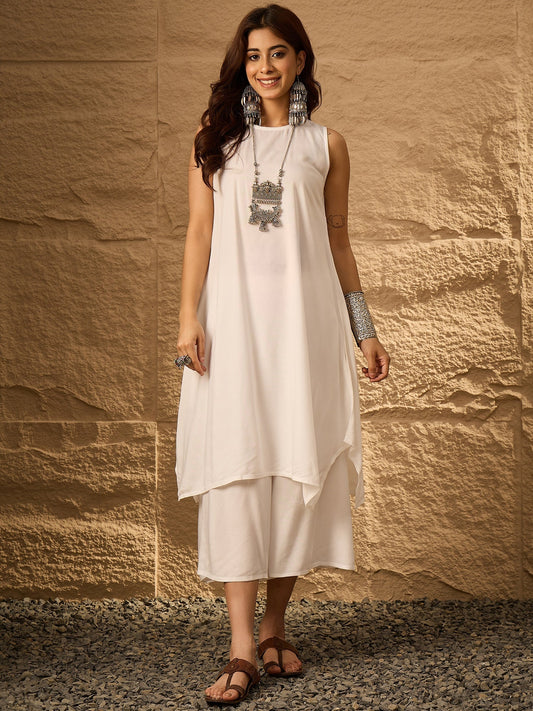 InWeave White Round Neck Short Palazzo Set - Swadesiicart