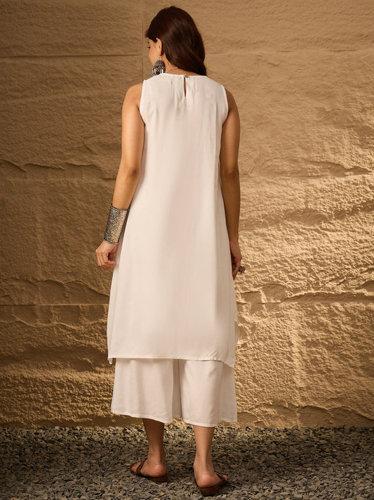 InWeave White Round Neck Short Palazzo Set - Swadesiicart