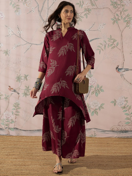 InWeave Dark Maroon Leaf Mandarin Kurta Set - Swadesiicart