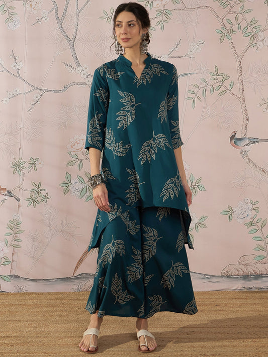 InWeave Dark Teal Leaf Mandarin Kurta Set - Swadesiicart
