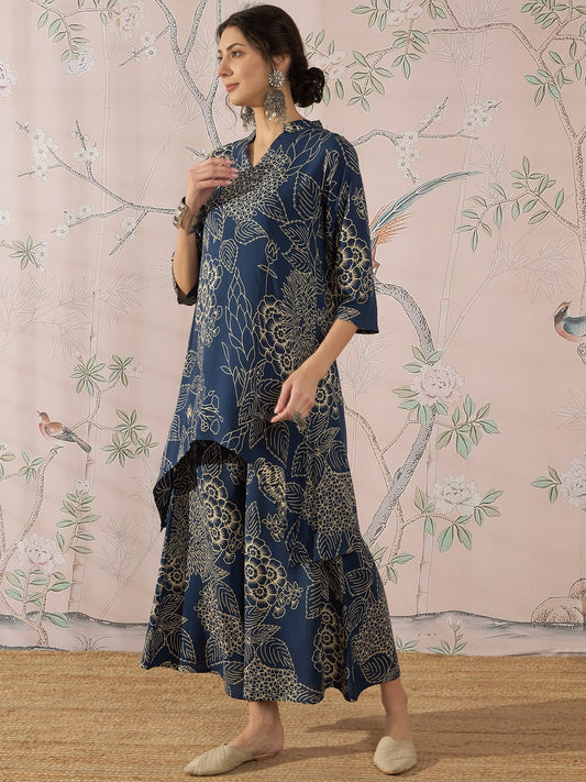 InWeave Peacock Teal Rose Leaf Mandarin Kurta Set - Swadesiicart
