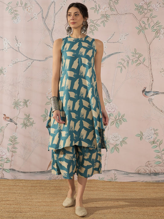 InWeave Marin Teal Beige Kurta Set - Swadesiicart