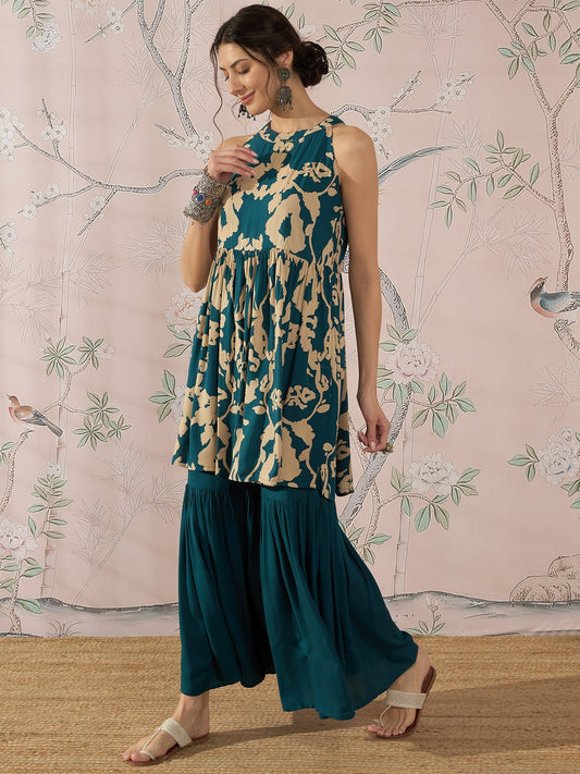 InWeave Teal Beige Halter Kurta Sharara Set - Swadesiicart