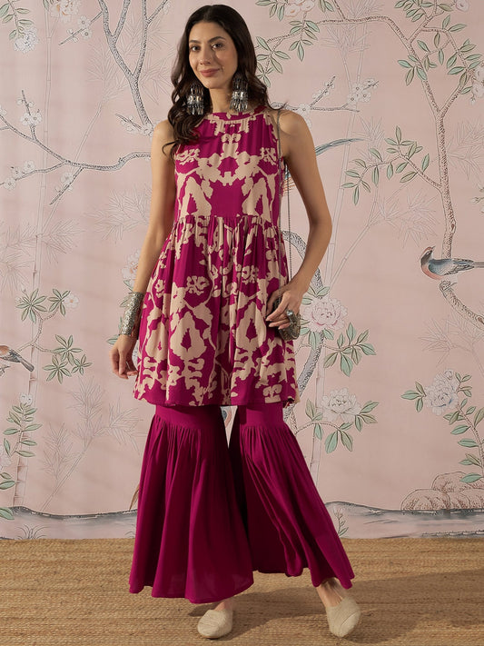 InWeave Jam Pink Beige Halter Kurta Sharara Set - Swadesiicart