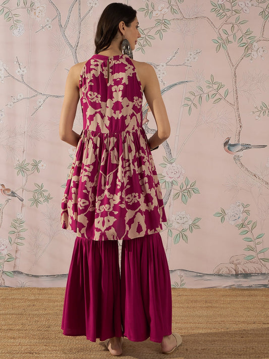 InWeave Jam Pink Beige Halter Kurta Sharara Set - Swadesiicart