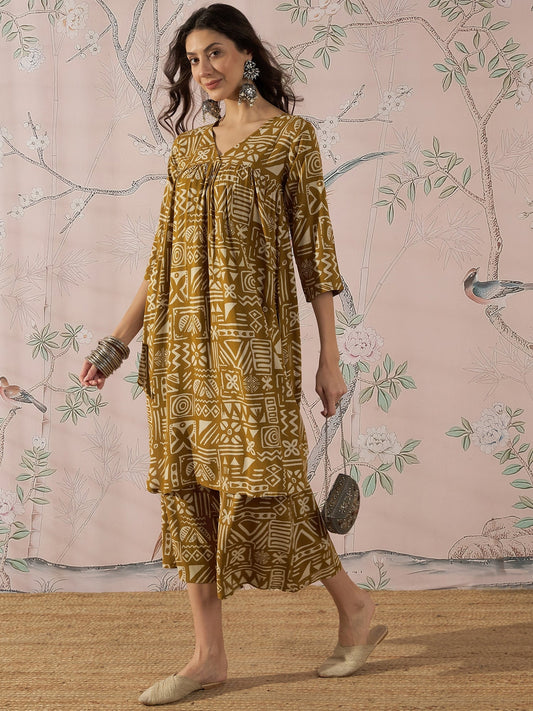 InWeave Dark Yellow Ethnic Flared Kurta Set - Swadesiicart