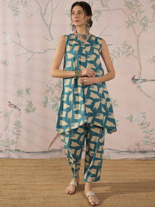 InWeave Marin Teal Beige Slit Kurta Set - Swadesiicart