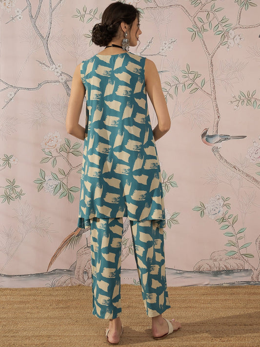 InWeave Marin Teal Beige Slit Kurta Set - Swadesiicart