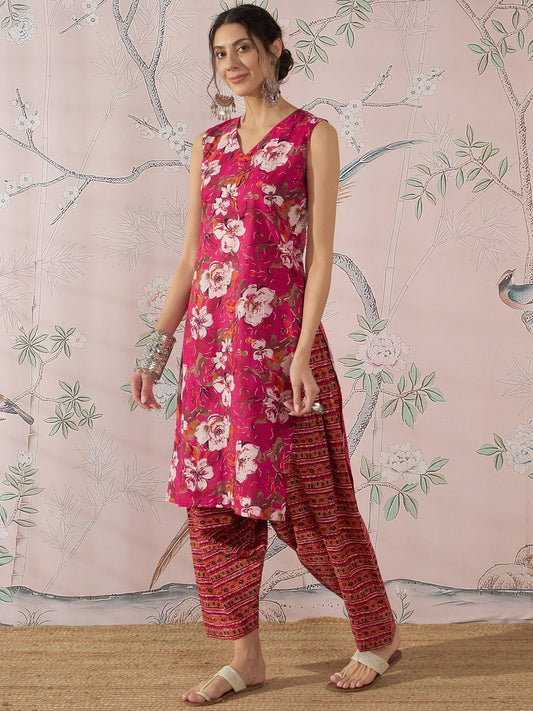 InWeave Dark Pink Cream Kurta Dhoti Set - Swadesiicart