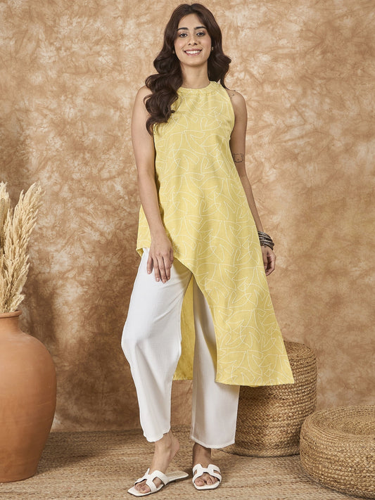 InWeave Light Yellow Side Asymmetric Kurta Set - Swadesiicart