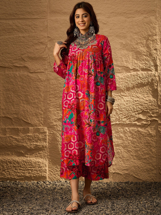 InWeave Fuchsia Orange V-Flared Kurta Set - Swadesiicart