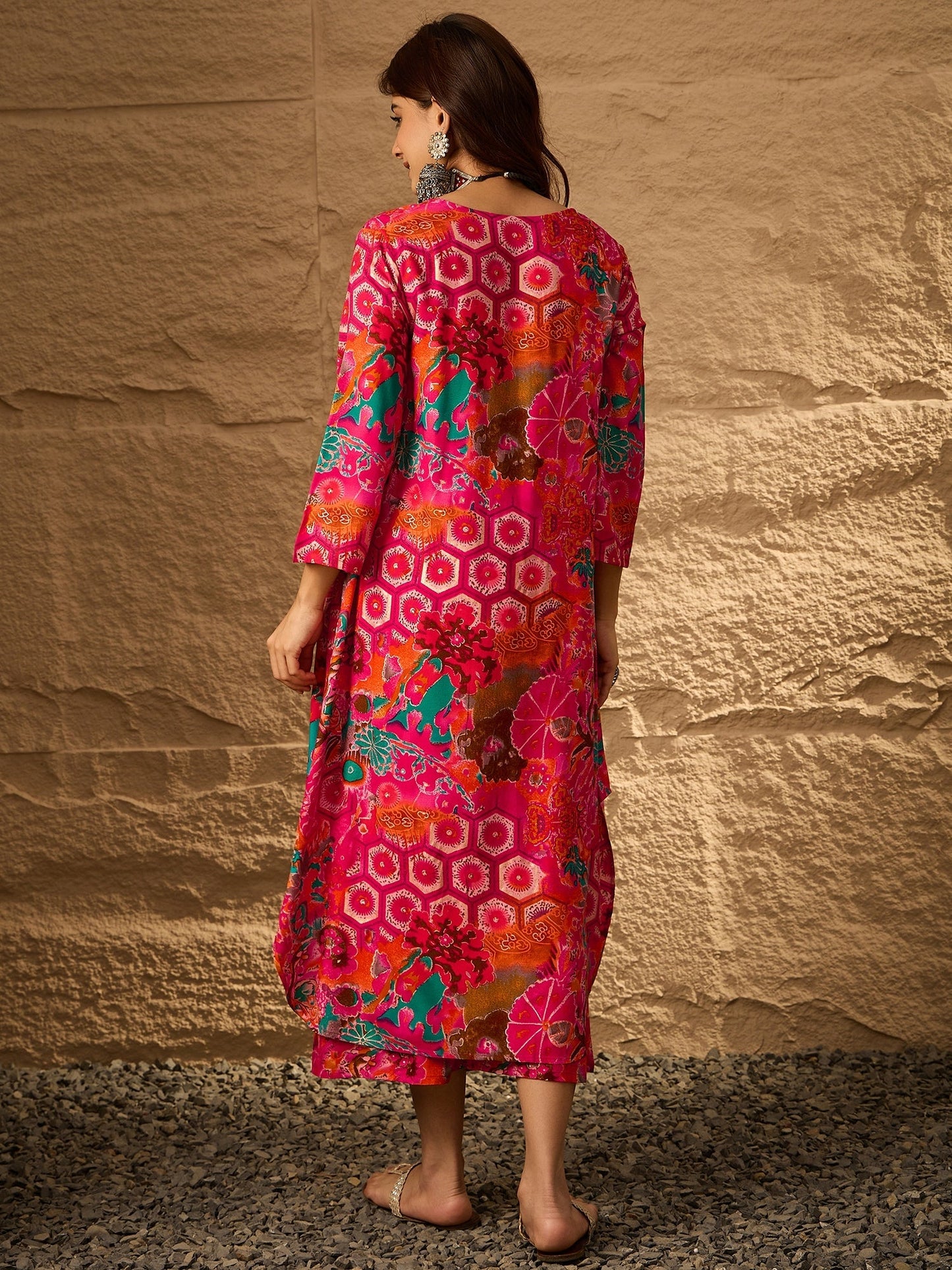 InWeave Fuchsia Orange V-Flared Kurta Set - Swadesiicart