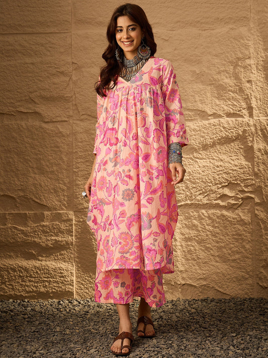 InWeave Light Peach Big V-Flared Kurta Set - Swadesiicart
