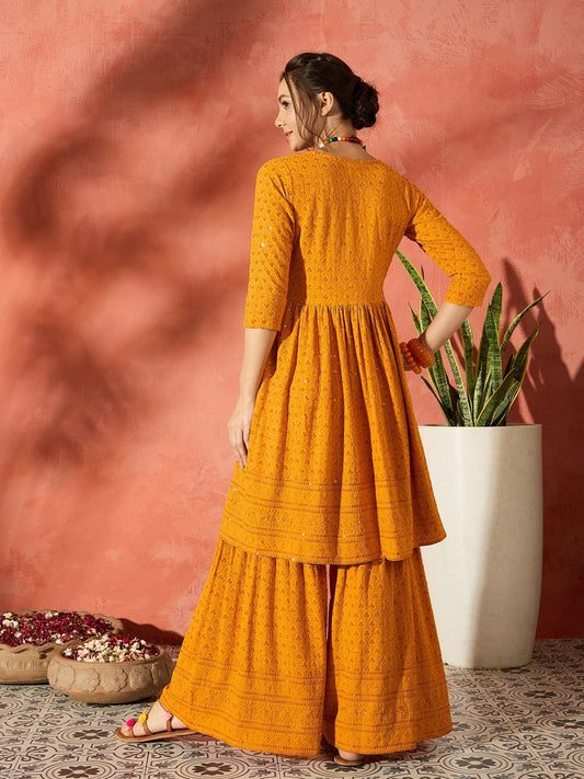 InWeave Mustard Chikankari Anarkali Kurta Sharara Set - Swadesiicart