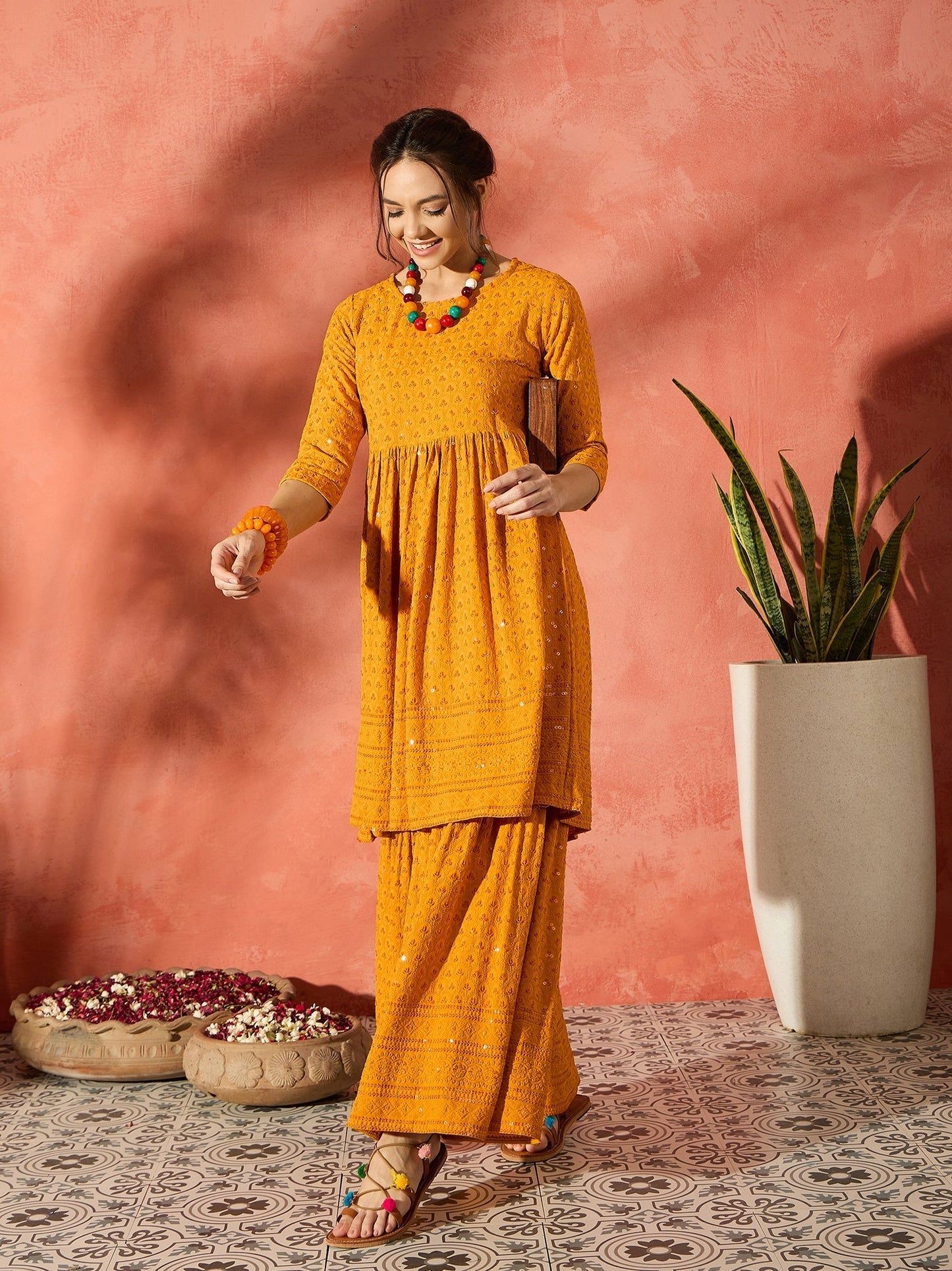 InWeave Mustard Chikankari Anarkali Kurta Sharara Set - Swadesiicart