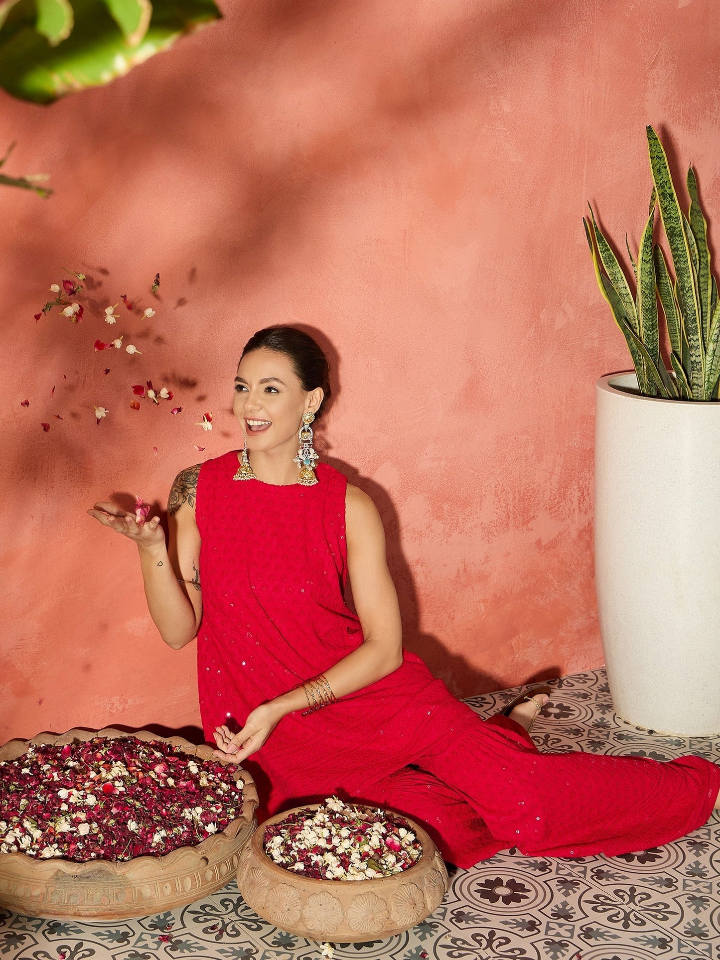 InWeave Red Chikankari Short Kurta Set - Swadesiicart