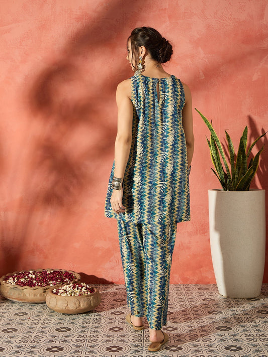 InWeave Teal Leaf Zig Zag Foil W/S Kurta Pant Set - Swadesiicart