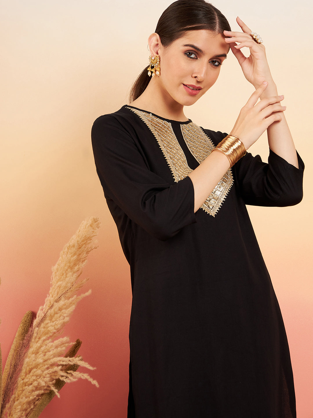 InWeave Women's Black Sequance Patch Work Kurta Set - Swadesiicart
