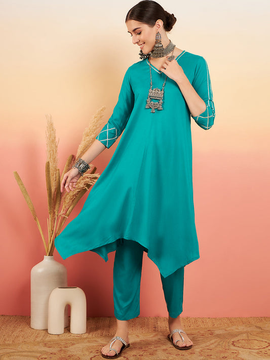InWeave Women's Teal V Neck Gota Sleeve A Line Kurta Set - Swadesiicart