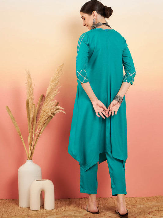 InWeave Women's Teal V Neck Gota Sleeve A Line Kurta Set - Swadesiicart