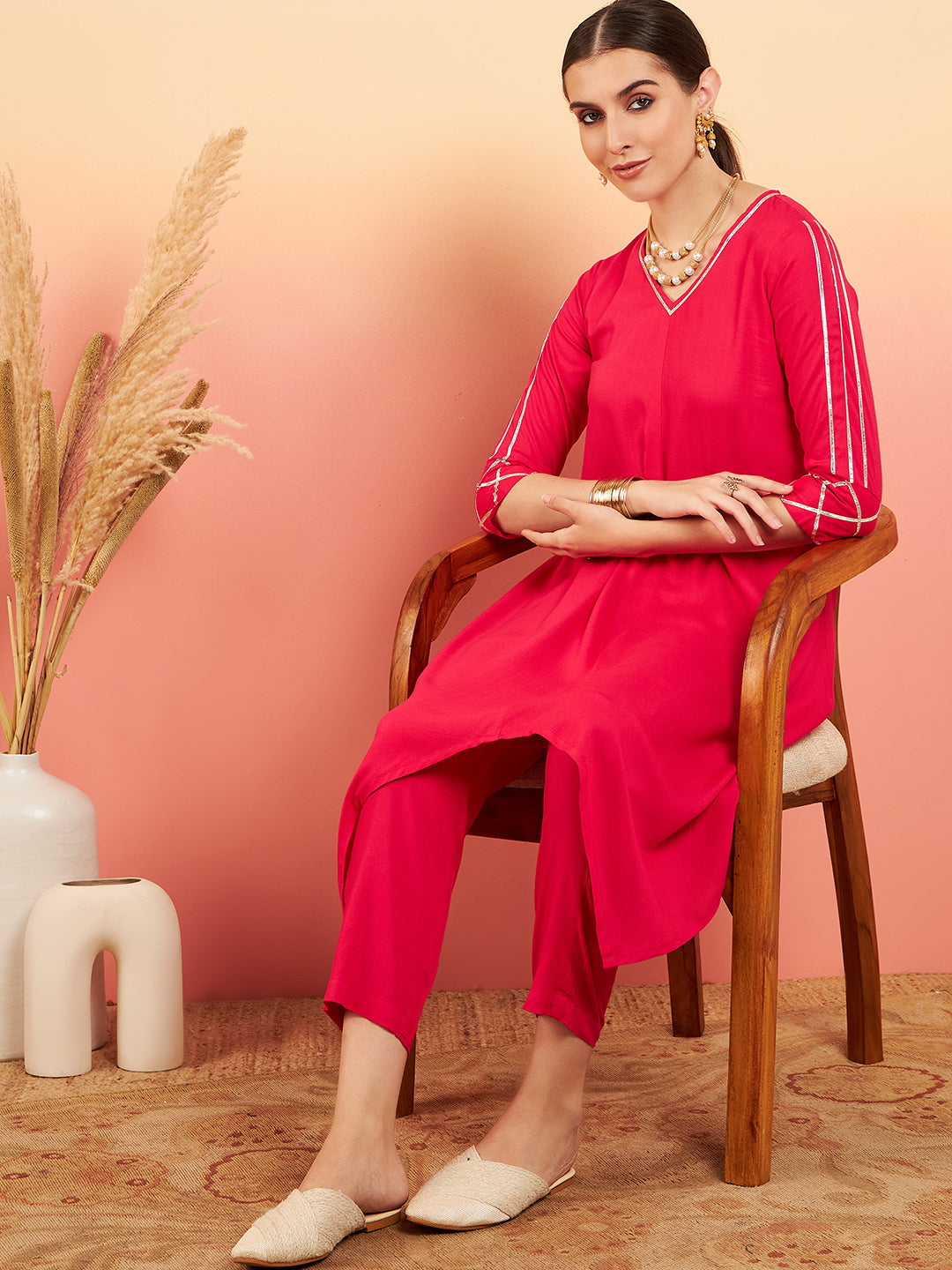 InWeave Women's Fuschia V Neck Gota Sleeve A Line Kurta Set - Swadesiicart