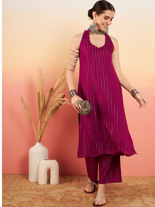 InWeave Women's Wine Lurex Neck Patti Halter Kurta Pant Set - Swadesiicart