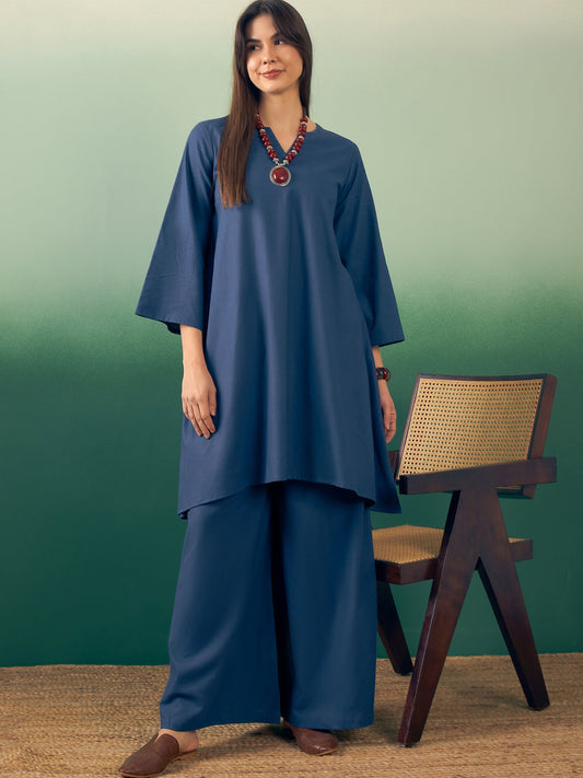 InWeave Midnight Blue Kurta Palazzo Set - Swadesiicart