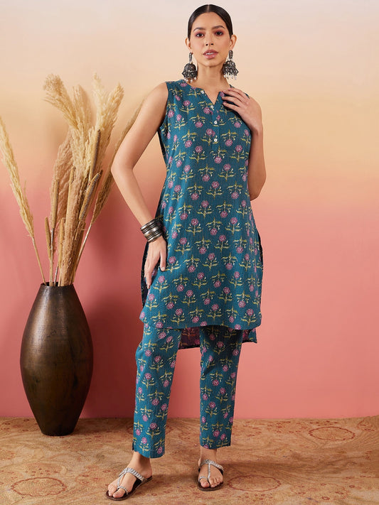 InWeave Teal Kantha Mandarin Kurta Set - Swadesiicart