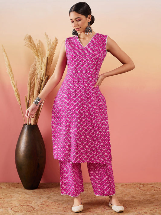 InWeave Pink Pyramid Kantha V Neck Lace Work Kurta Palazzo Set - Swadesiicart