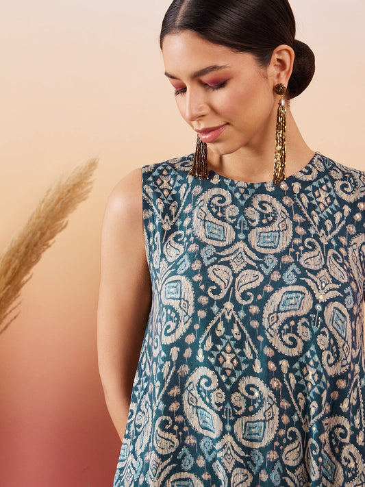 InWeave Slate Grey Paisley Round Neck Kurta Short Palazzo Set - Swadesiicart