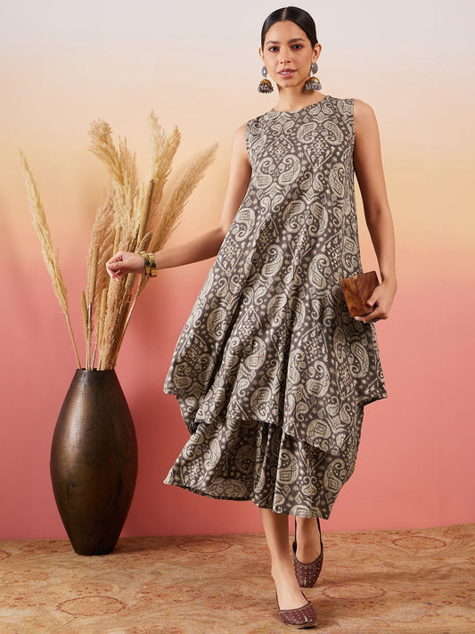 InWeave Dull Brown Paisley Round Neck Kurta Short Palazzo Set - Swadesiicart