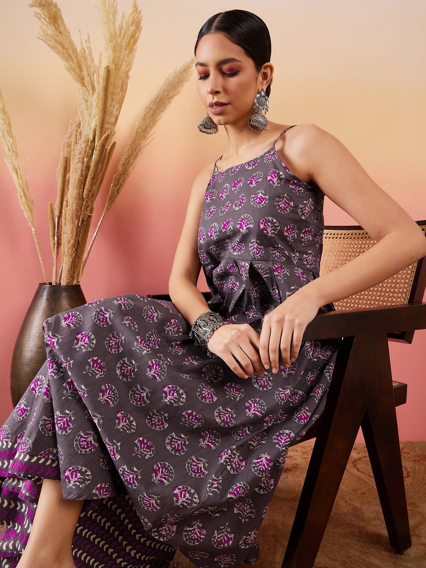 InWeave Iron Grey Floral Boota Print Strappy Printed Palazzo Set - Swadesiicart