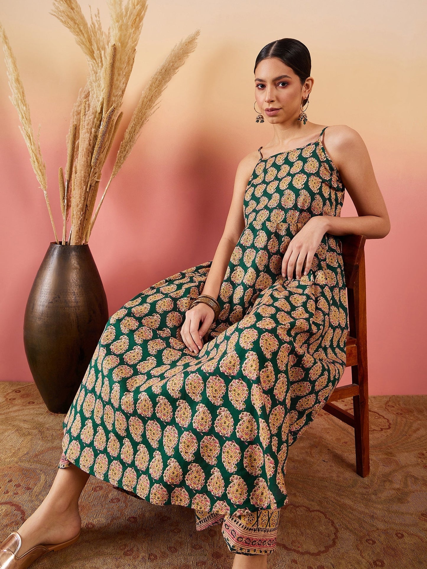 InWeave Dark Green Paisley Print Strappy Printed Palazzo Set - Swadesiicart