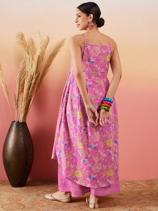 InWeave Dull Pink Floral Print Strappy Printed Palazzo Set - Swadesiicart