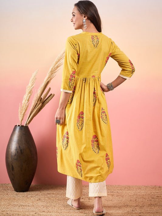 InWeave Yellow Striped V Neck Lace Front Slit Kurta Pant Set - Swadesiicart