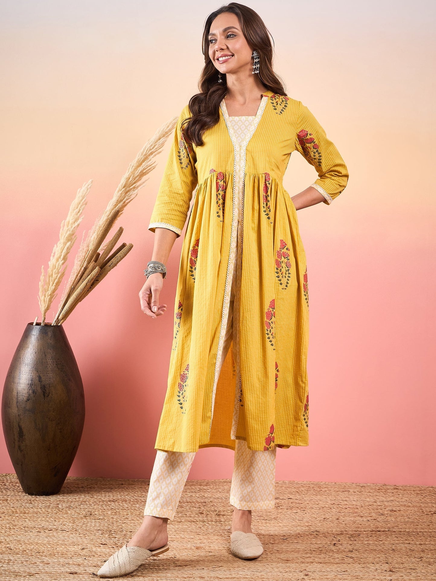 InWeave Yellow Striped V Neck Lace Front Slit Kurta Pant Set - Swadesiicart