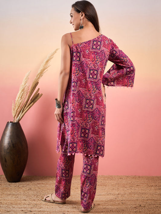 InWeave Pink Violet Printed One Shoulder Strapp Kurta Set - Swadesiicart